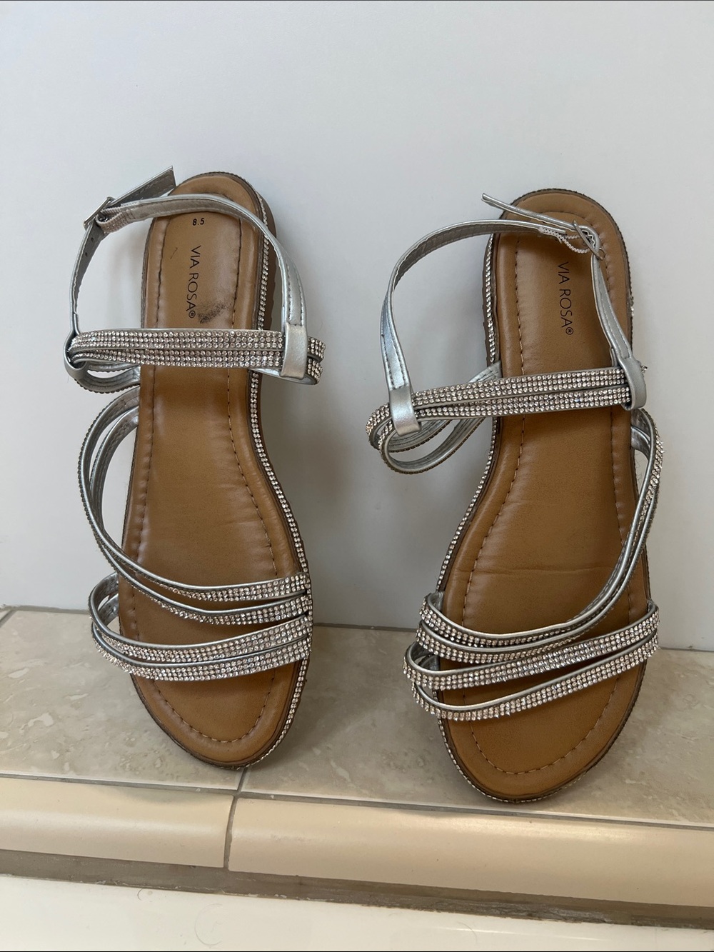 Silver Rhinestone Strappy Sandals - Women's